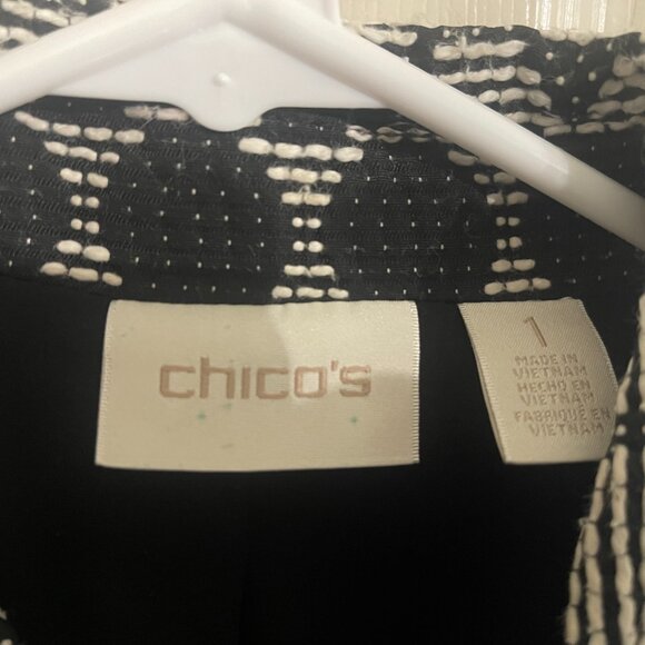 CHICO'S Black &White Circle Polka Dot Print Jacket Snap-Front Closure Size 1 - Picture 2 of 8